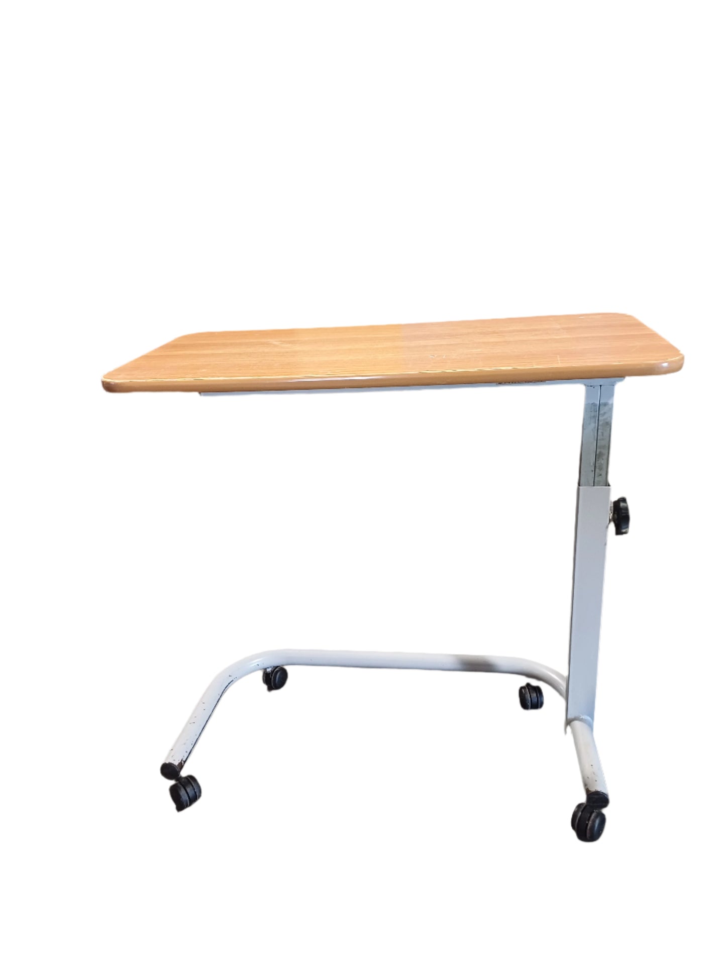 Height-adjustable, mobile overbed or laptop table