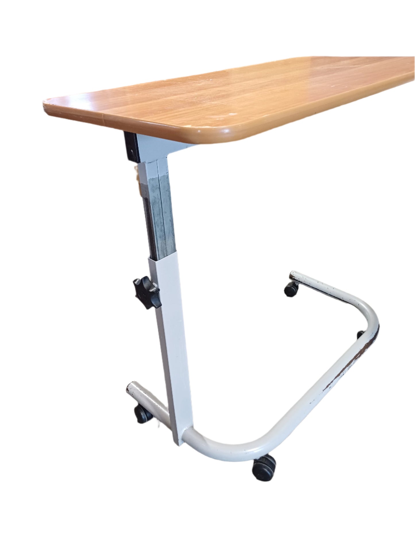 Height-adjustable, mobile overbed or laptop table