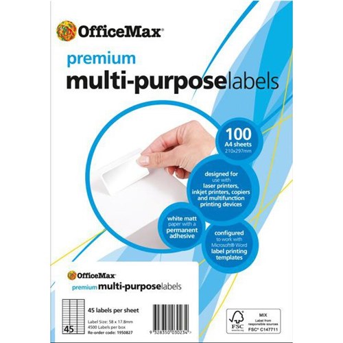 OfficeMax Premium Multi-Purpose Labels 58X17.8mm - White 45 Per Sheet