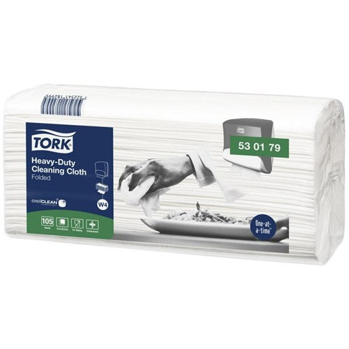 Tork W4 Heavy-Duty Cleaning Cloths 415 x 355mm 530179 White, Carton of 4 Packs of 105